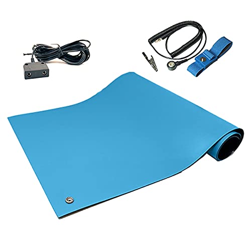 RubberStat Dual Layer ESD Compliant Workstation Rubber Table Mat Kit, Soldering, Cell Phone Repair, with Wrist Strap Set and Ground Cord - 36"x60" Blue