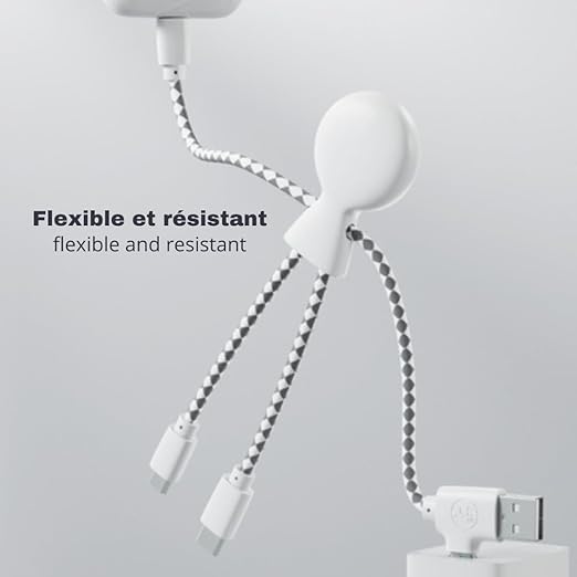 Multi USB Cable 4 in 1 - Universal Charger Made from Recycled Plastic - USB, USB-C, Lighting, Micro USB Ports - Compatible with All Smartphones Mr Bio White Octopus
