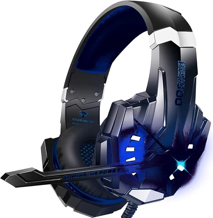 BENGOO G9000 Stereo Gaming Headset for PS4 PC Xbox One PS5 Controller, Noise Cancelling Over Ear Headphones with Mic, LED Light, Bass Surround, Soft Memory Earmuffs for Laptop Mac - Black