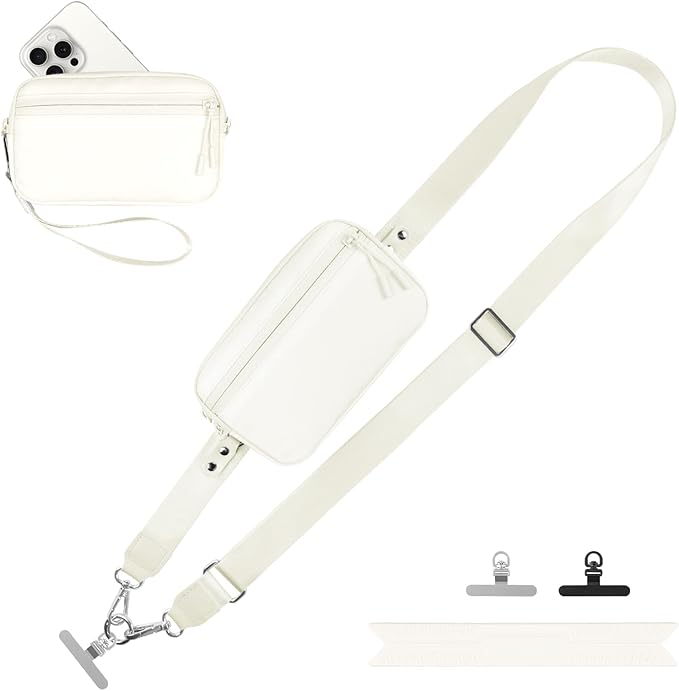 Clip and Go Strap for Phone with Wallet Crossbody, Adjustable Phone Lanyard with Detachable RFID Wristlet Wallet, Cream (L)