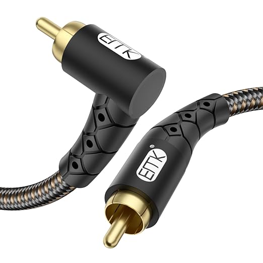 EMK 90 Degree RCA Subwoofer Cable 24K Gold-Plated Connector Nylon Braided Double Shielded – Support Digital & Analog Signals for Amplifier, Home Theater, Hi-Fi System,Subwoofer Black/3.3ft/1m