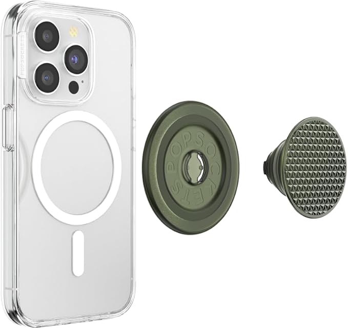 PopSockets Phone Grip for MagSafe with Kickstand, Magnetic Stand, Swappable Top, Secure Hold for iPhone MagSafe Cases, Phone & Tablet Grip - Triangle Knurl Olive