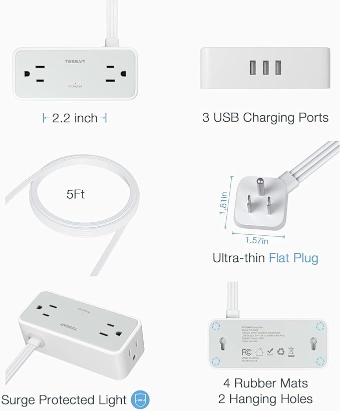Ultra Thin 5FT Flat Extension Cord, TESSAN Surge Protector Flat Plug Power Strip, 4 Wide Spaced AC Outlets 3 USB A, 900 Joules Protection, Suitable for Home Office Dorm
