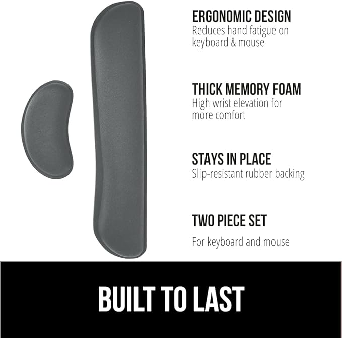 GORILLA GRIP Silky Gel Memory Foam Wrist Rest for Computer Keyboard, Mouse, Ergonomic Design for Typing Pain Relief, Desk Pads Support Hand and Arm, Mousepad Rests, Stain Resistant, 2 Piece Pad, Gray