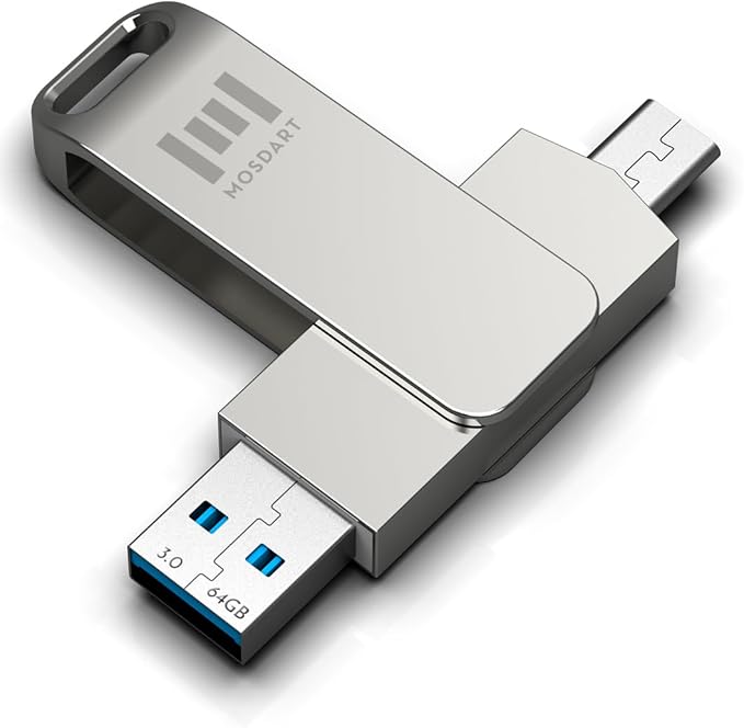 MOSDART 64GB USB3.1 Fast Speed C and A Dual Flash Drive, exFAT Memory Stick with Keychain Loop, for iPhone 15 and 16, Android Phone, iPad, MacBook, Silver