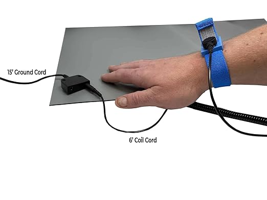 RubberStat Dual Layer ESD Compliant Workstation Rubber Table Mat Kit, Soldering, Cell Phone Repair, with Wrist Strap Set and Ground Cord - 36"x72" Grey