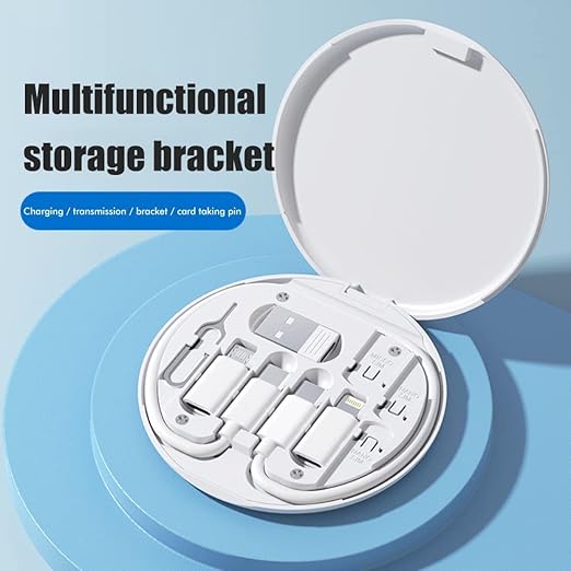 Multifunctional Data Cable Conversion Head Portable Storage Box, Multi-Type Charging Line Convertor USB Type C Adapter Tool Contains Sim Card Slot Tray Eject Pin, Phone Holder (White)