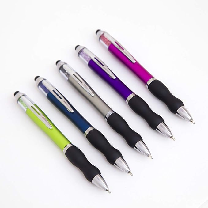 Stylus Pens for Touch Screens Medium Point Pens with Crystals for Women and Kids Black Ink Pen with Stylus Ballpoint Pens with Comfort Grip for The iPad, 5-Pack