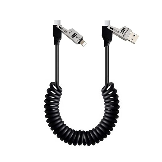 65W 4-in-1 Retractable Fast Charging Cable, 2M/6.5ft Spring Coiled USB-C to L/USB-C/USB-A Multi-Device Cord for iPhone 15/14/13, iPad, Samsung, MacBook, Laptop, Car, Tablet