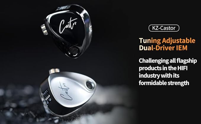 KZ Castor in Ear Monitor Headphones, HiFi Improved Bass Earphone Sound Tunable Noise Isolating IEMs, Dual-Dynamic Driver Wired Earbuds, 2PIN-C Detachable Cable for Singers Musicians