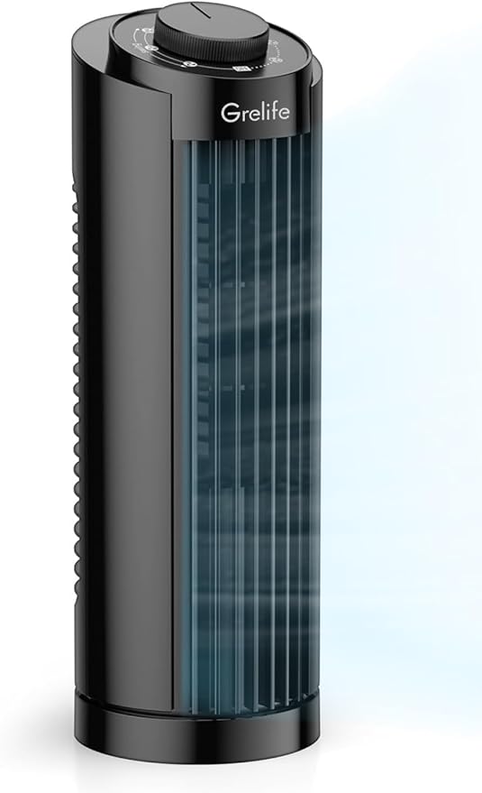 Grelife Tower Fan with Remote Control, Fast Cooling Desktop Fan, 90° Oscillation, 3 Speeds, 3 Wind Modes, Touch Screen, Auto Timer, Ideal for Home, Office Bedroom