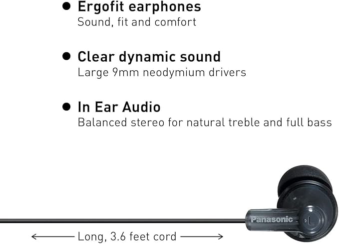 Panasonic ErgoFit Wired Earbuds, 3.5mm Jack In-Ear Headphones Wired with Dynamic Crystal-Clear Sound and Ultra Soft Ergonomic Custom-Fit Earpieces (S/M/L), for Phones and Laptops - RP-HJE120-K (Black)