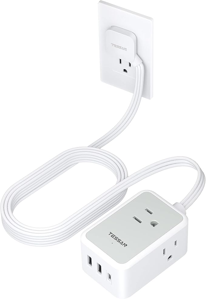 Ultra Thin Flat Extension Cord 10 FT, TESSAN Small Flat Plug Power Strip with 3 USB Charger (1 USB C), 3 Outlets Desk Charging Station, 10 Feet Long Slim Plug for Travel, Dorm Room, Office Essentials