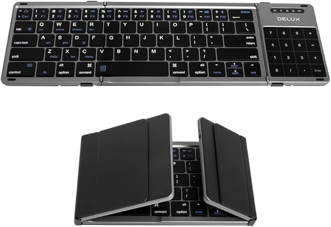 DeLUX Foldable Keyboard with Touchpad and Numeric Keypad, 2.4G Wireless and Bluetooth, Rechargeable Portable Travel Folding Keyboard with PU Leather, for iOS Android Windows Tablet (KF18)