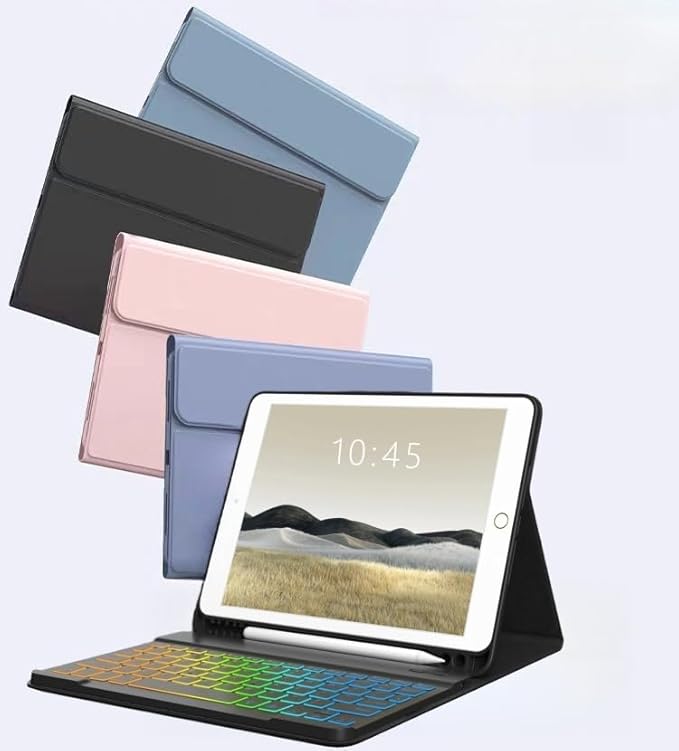 Keyboard Case for Galaxy Tab S10 Lite/ S10 FE/ S9 FE/S9/S8/S7, Slim Lightweight 7 Color Rainbow Backlight Detachable Magnetic Keyboard Cover with S Pen Holder, Sky Blue