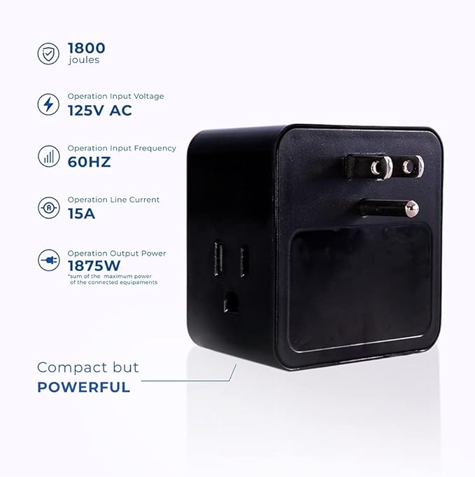 Clamper 3-Outlet Surge Protector 1800 Joules, 1875W, for TV, PC, Xbox, PS5, Refrigerators and Other Appliances (Compact Wall Surge Protector), iCLAMPER Power 3, 2-Pack Black