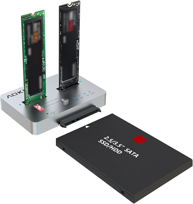 AOKO M.2 NVMe to M.2 SATA and 2.5”/3.5” SSD/HDD Clone Docking Station, USB-C 10Gbps Hard Drive Reader & Two-Way Offline Cloning Dock for M.2 SATA NVMe SSD +2.5/3.5 SATA Hard Drive Duplicator