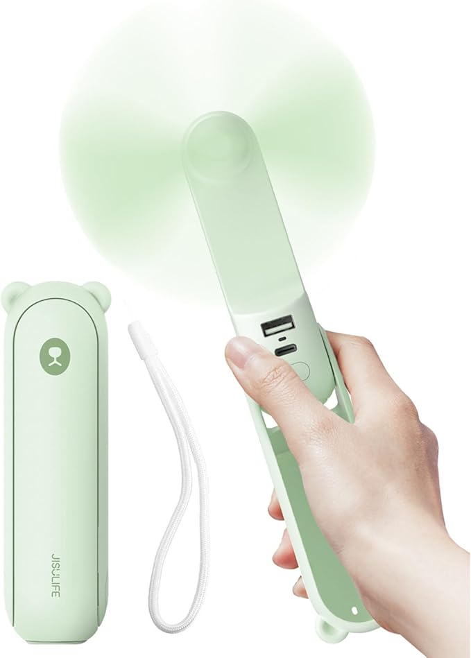 JISULIFE Handheld Fan with 4500 mAh Powerbank Max 37 Hours Runtime, Pocket Portable Battery Operated or USB Powered Folding Personal Fan, 3 Speeds, Gifts for Women Men Kids Gift for Festival-Green