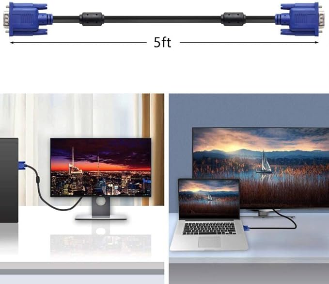 PASOW VGA to VGA Monitor Cable HD15 Male to Male for TV Computer Projector (5 Feet)