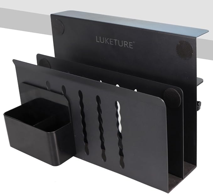 LUKETURE Laptop Holder, Steel Desk Side Storage, No Drill Standing Desk Accessories, Clamp on Laptop Mount with Pen Holder, Fits Flat Edge Tables 0.3" to 2.8" (Black, L(2 Tier))