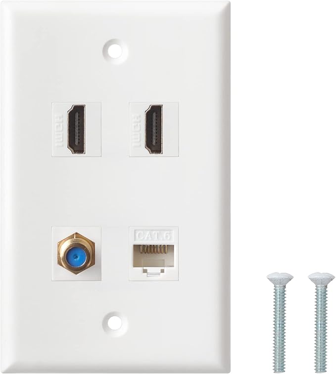 HDMI Coax Ethernet Wall Plate, 2 Port 4K HDMI Keystone, 1 Port Coax Keystone, 1 Port CAT6 Keystone Wall Plate