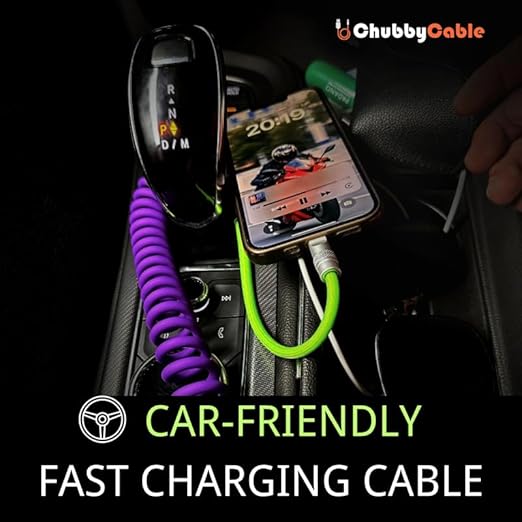 ChubbyCable Colorblock Chubby - Spring Braided USB-C Cable, Coiled, Fast Charging, Type-C to Type-C, 2.29FT-3.6FT, Blue+Green
