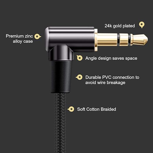 CableCreation 2-Pack 3.5mm Audio Cable 6FT/1.8m, 3.5mm Right Angle Auxiliary Stereo HiFi Cable with Silver-Plating Copper Core for Car Stereos, iPhones, Tablets, Laptops, 24K Gold Plated, Black