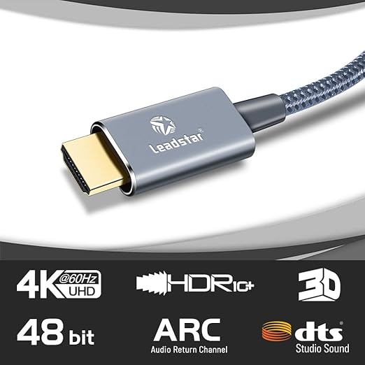 LEADSTAR HDMI Cable 4K 2 ft / 0.6m, High Speed HDMI 2.0 Cord Braided | 4K@60Hz, Ultra HD, 2160p, ARC, HDR, 3D, HDCP 2.2 | for Xbox, PS5, TV, Laptop, Monitor