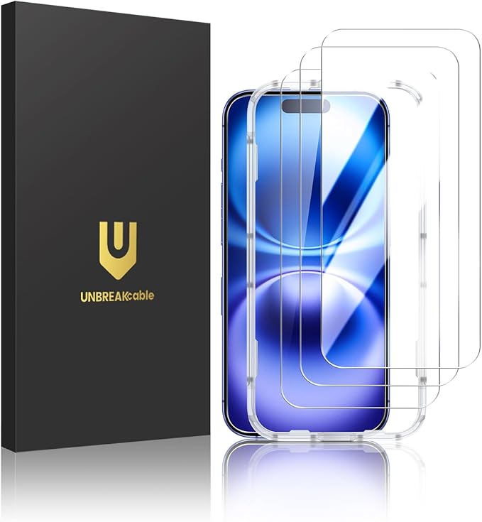 UNBREAKcable 3-Pack Screen Protector for iPhone 16, Double Shatterproof Tempered Glass [Easy Installation Frame] [9H Hardness] [99.99% HD Clear] [Case Friendly] for iPhone 6.1 inch