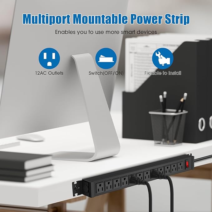 HHSOET Rotating Mountable Power Strip, 12 Outlet Wall Mount Surge Protector, Metal Heavy Duty and Versatile Outlet Strip, Stylish Appearance, Sturdy and Durable, 50ft Power Cord.(Black)
