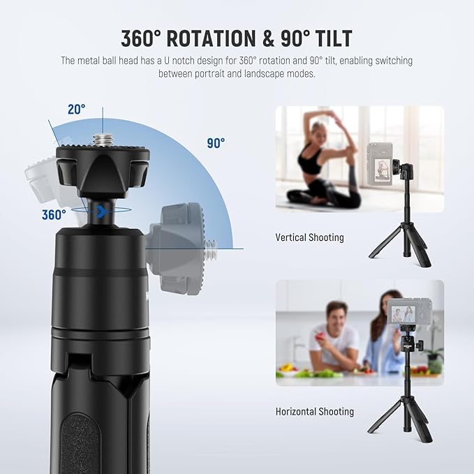 NEEWER Basics Mini Desk Selfie Stick Tripod Compatible with iPhone GoPro Insta360 DJI, Portable Small Camera Webcam Android Cell Phone Holder Ball Head Elevated Axis Video Recording Stand, TP43 Black