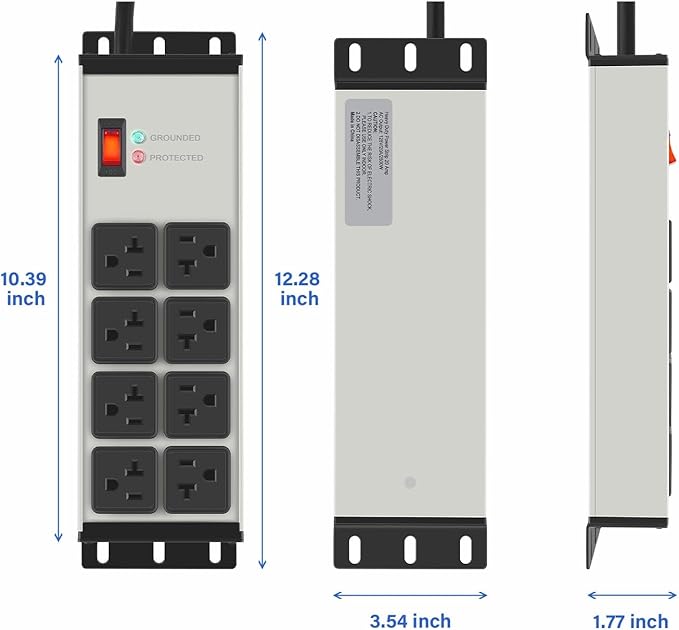 CCCEI Grey Heavy Duty Power Strip Surge Protector 20 AMP, 8 Outlets 12 Gauge Industrial Shop Garage Metal Multiple Outlets, 12 FT Extension Cord 5-15P Adapter High Amp 6-20R T-Slot 20a for Appliance