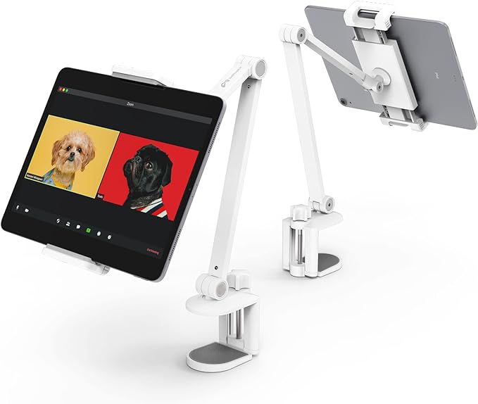 iPad Desk Mount, Tablet Holder, Multi-Angle Adjustable Tablet Stand for 4.7''- 13'' Screen Microsoft Surface Pro Series, iPad Series(White)