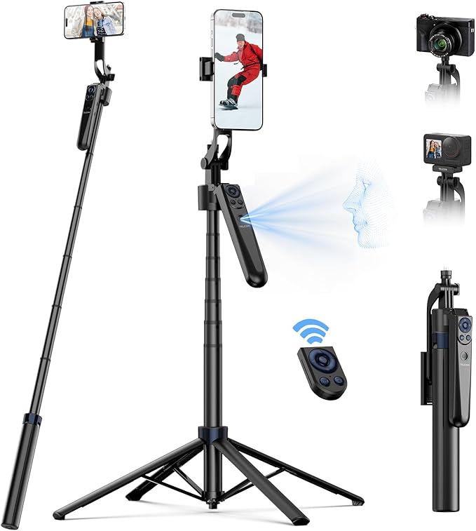 TELESIN 63" Smart Auto-Face Tracking Tripod with 360° Rotation, Remote & Gesture Control, No APP Needed, Compatible with Smartphone/Action Camera, Selfie Stick Tripod Stand for Video Live Streaming