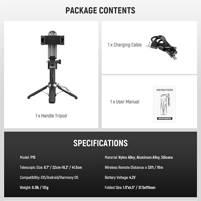 NEEWER Selfie Stick with Detachable Bluetooth Remote Shutter, Lightweight Foldable Travel Tripod for iPhone for YouTube/TikTok Vlogs Live Streaming Photography, Black, P15