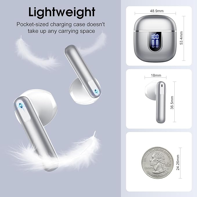 Wireless Earbuds, Bluetooth 5.4 Headphones with 3D Bass Stereo, 40H Ultralight in-Ear Buds, Bluetooth Earbuds with 4 ENC Noise Cancelling Mic, USB-C, IP7 Waterproof Earphones for Android iOS, Sillver
