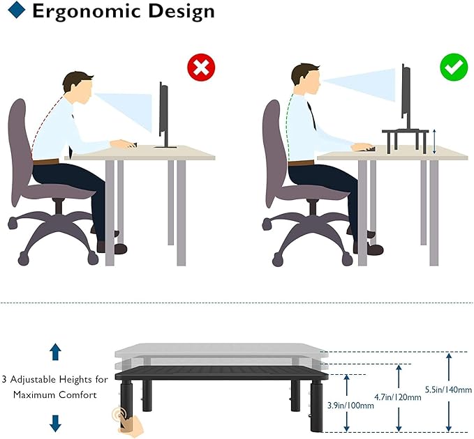 BONTEC 2 Pack 3 Height Adjustable Monitor Stand Riser with Pen Holder, Ergonomic Metal Laptop Stand with Cable Management, Desktop Stand for Computer, Printer, Monitor, Laptop, Black Steel, 14.5 in