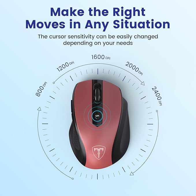 Wireless Mouse, D-09 Computer Mouse USB Cordless Mice for Laptop, Ergo Grips, Lightspeed 5-Level 2400 DPI, 16 Months Battery, Portable for PC Mac Chromebook (Red, 1 Pack)