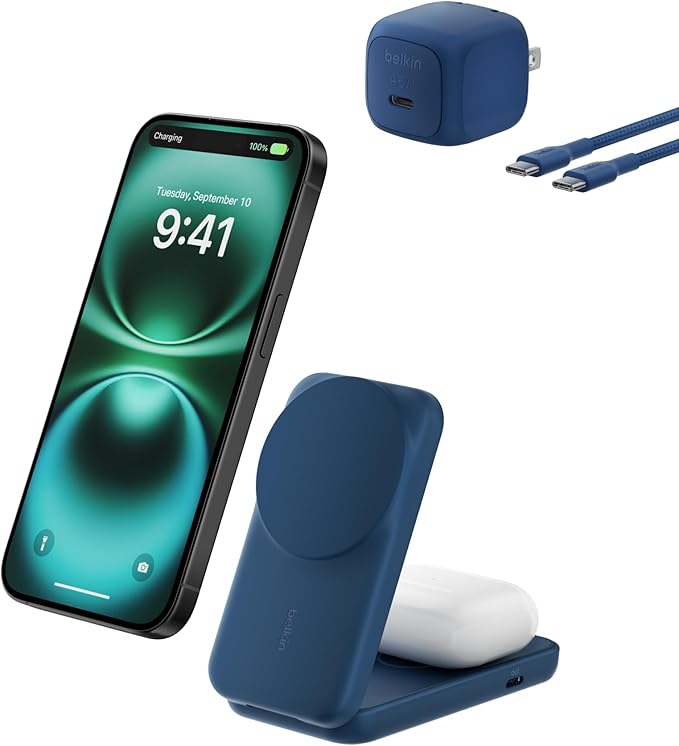 Belkin MagSafe Charger Compatible, 2-in-1 Charging Station, Qi2.2 25W Magnetic Wireless Charger Dock, Foldable Stand, with 5W USB-C Port, for iPhone 16/15/14, AirPods (45W Adapter Included)