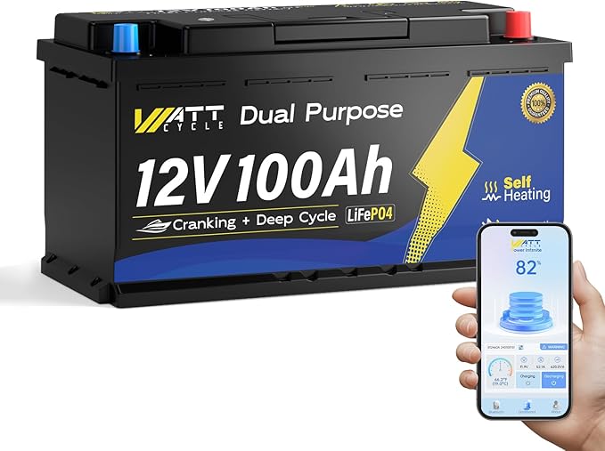 12V 100Ah Dual Purpose Marine Cranking LiFePO4 Lithium Battery Bluetooth 1200CCA / 1500MCA, Starting Lithium Batterys with Self-Heating, Built-in 200A BMS, Perfect for Trolling Motor, Boat