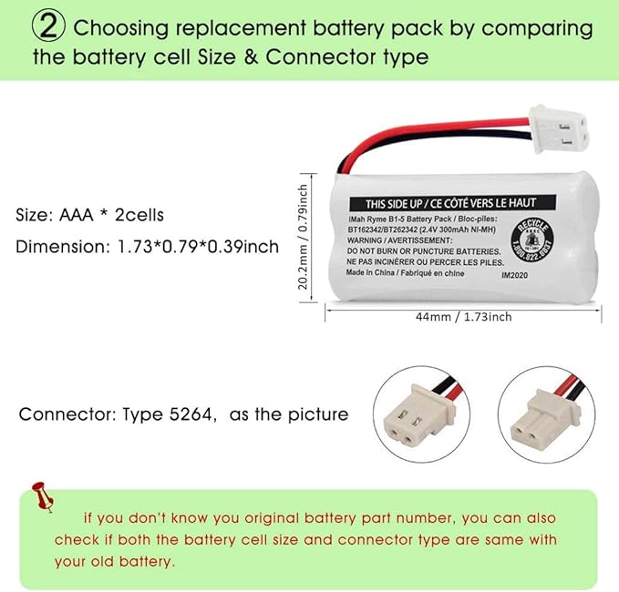 iMah BT162342/BT262342 2.4V 300mAh Ni-MH Cordless Phone Battery Pack, Also Compatible with BT183342/BT283342 AT&T EL52351 TL90070 VTech CS5119 DS6511 DS6722 LS6305 Handset, 6-Pack