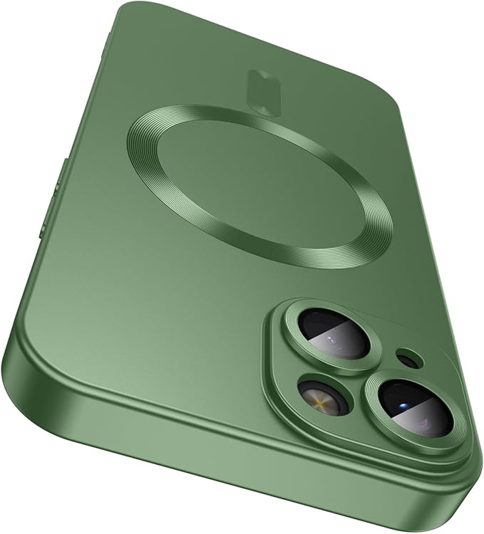 Magnetic for iPhone 13 Case [Compatible with MagSafe][Built-in Camera Lens Protector] Slim Soft Silicone Bumper Shockproof Metallic Luster Phone Case (Green)