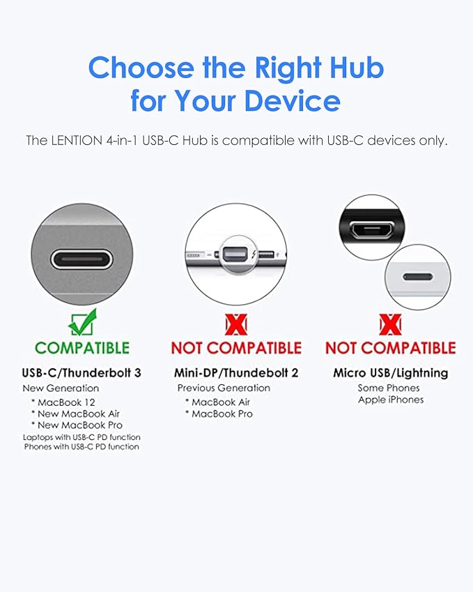 LENTION 4-in-1 USB-C Hub with Type C, USB 3.0, USB 2.0 for 2024-2016 MacBook Pro (M1-M4), iPhone 16-15 New Mac Air/Surface, ChromeBook, More, Multiport Charging & Connecting Adapter (C13, Silver)