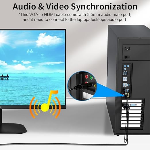 VGA (Sources) to HDMI(Display) Cable 10ft with Audio, VGA to HDMI Adapter Cable Compatible Well Witch Computer/Projector/Laptop to Monitor/TV