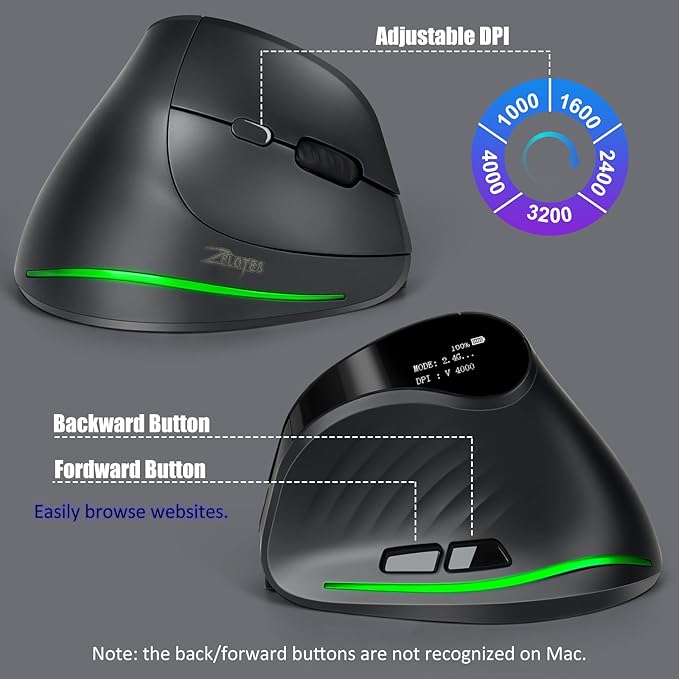 TRELC Wireless Ergonomic Mouse with OLED Screen, Rechargeable Silent Vertical Mouse for 4 Devices Connection (BT+2.4GHz), 4000 DPI, 7 Buttons for Windows/PC/Desktop/Laptop/Tablet (Dark Gray)