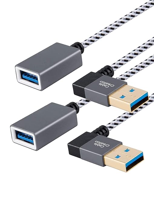 CableCreation [2-Pack Short USB 3.0 Extension Cable Right Angle, 1FT Male to Female Extender Cord for Flash Drives, Keyboard, Scanners, PlayStation, 0.3m, Space Grey
