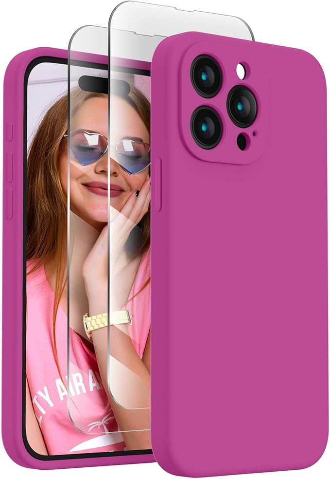 FireNova Designed for iPhone 15 Pro Case, Silicone Upgraded [Camera Protection] Phone Case with [2 Screen Protectors], Soft Anti-Scratch Microfiber Lining Inside, 6.1 inch, Shocking Pink