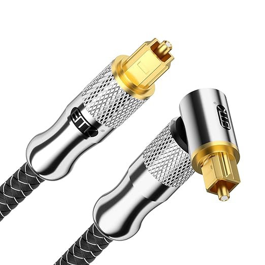 EMK Premium 24K Gold-Plated Right Angle Optical Cable – 90° Toslink to Toslink (6M/20Ft), 360° Rotatable for Soundbars, TVs & Home Theater