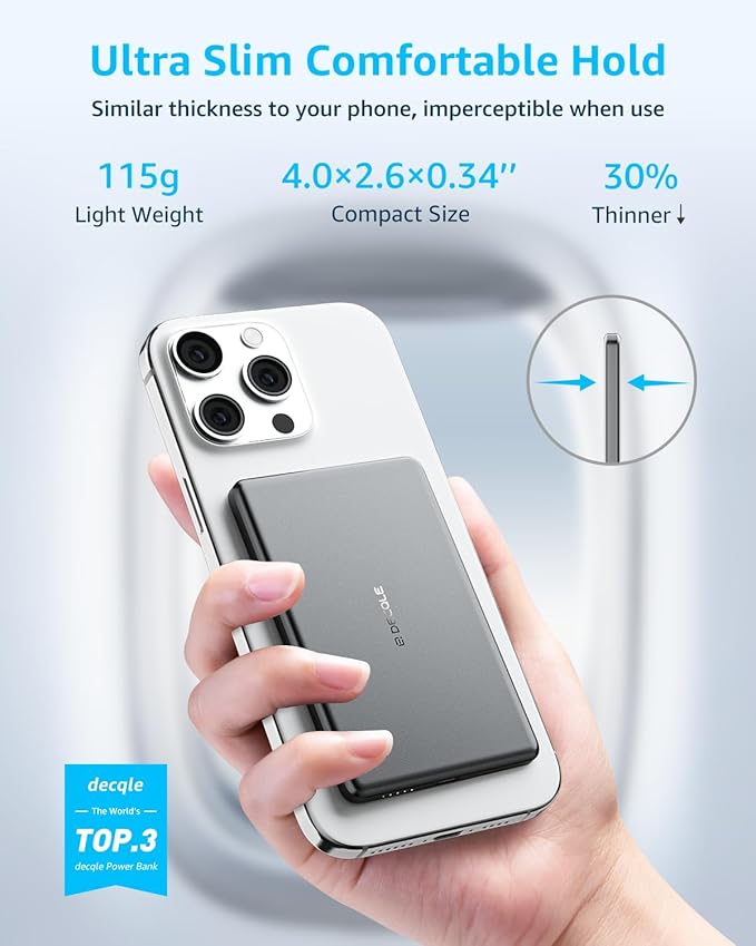 “Air” Power Bank for MagSafe 5000mAh, Ultra Slim Magnetic Wireless Portable Battery Charger Case with USB-C Cable, Compatible with iPhone 17/16/15/14/13/12 Series Only (Grey)