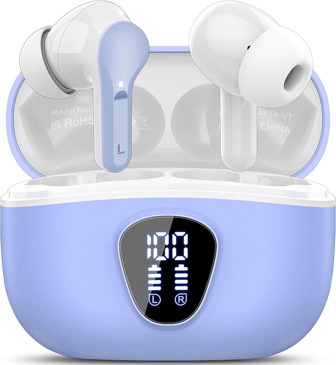 Wireless Earbuds, Bluetooth 5.4 Headphones HiFi Stereo, Bluetooth Earbuds with ENC Noise Cancelling Mic, IP7 Waterproof in Ear Earphones, 48H, LED Display Ear buds for Pad Workout Sports, White Purple